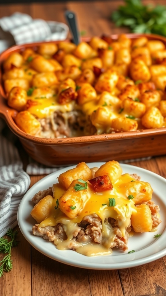 Cheesy tater tot casserole with crispy tater tots and melted cheese in a baking dish.